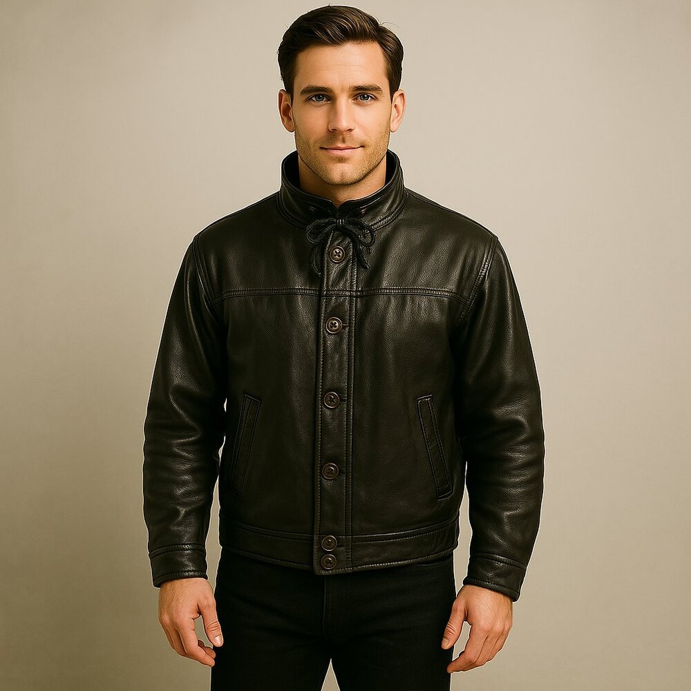 Men's Leather Jacket Black Genuine Soft Vintage Moto Y2K Bomber Size Large